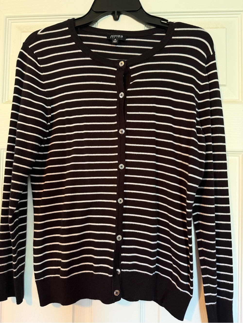 Jones New York Black and White Striped Button-Up Cardigan